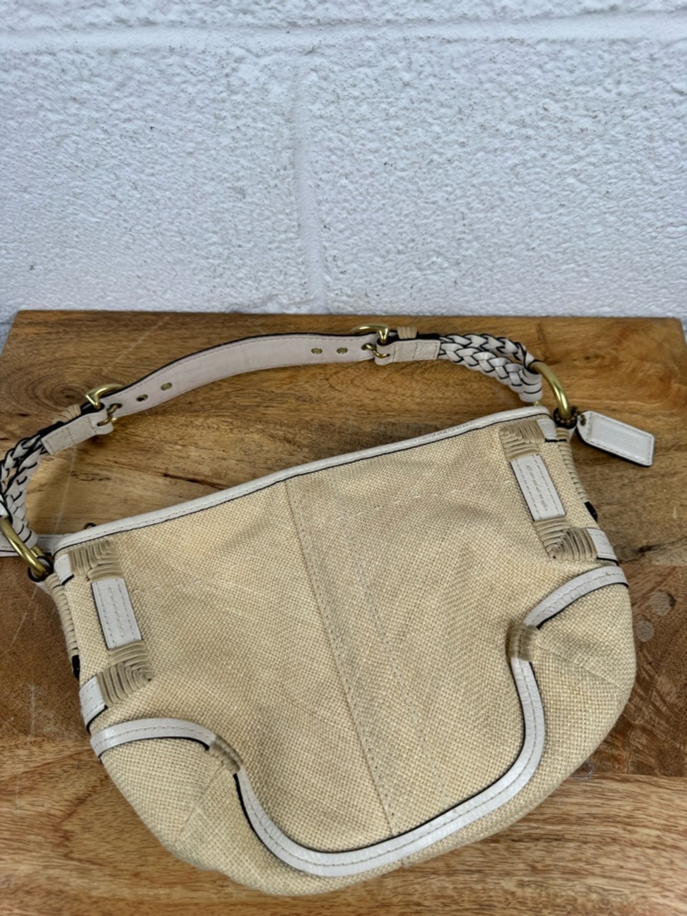 Coach Straw Canvas White Leather Trim Hobo Shoulder Bag Braided Strap Style 4710
